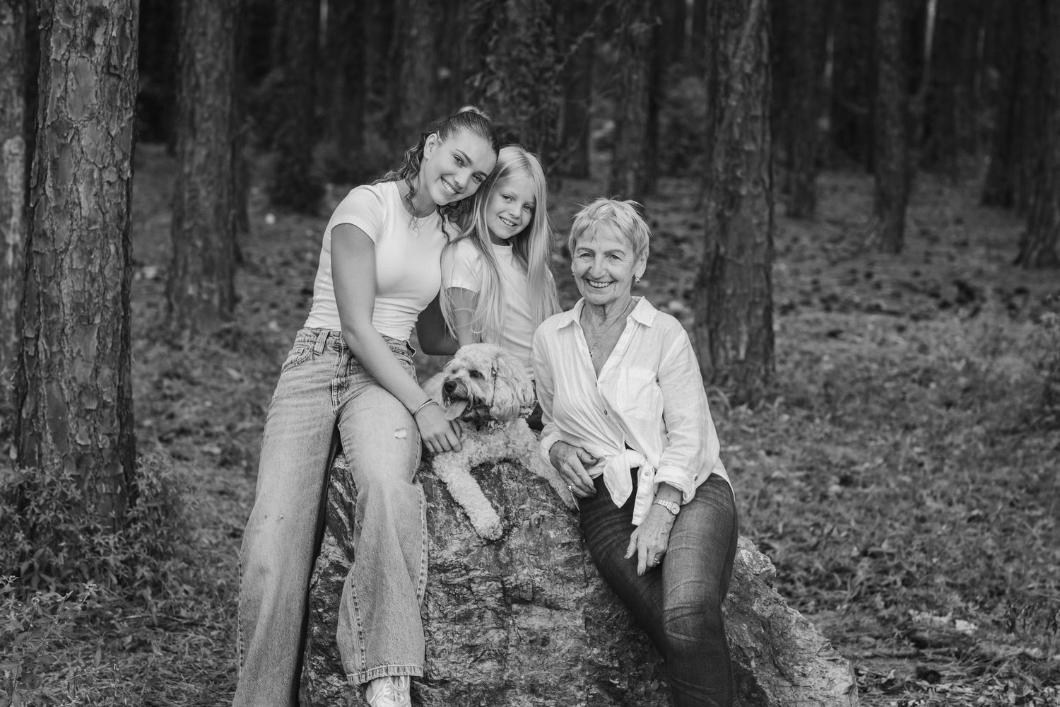 Intimate black and white forest photoshoot with natural lighting and pine trees.Pizzey park family photos. Gold Coast