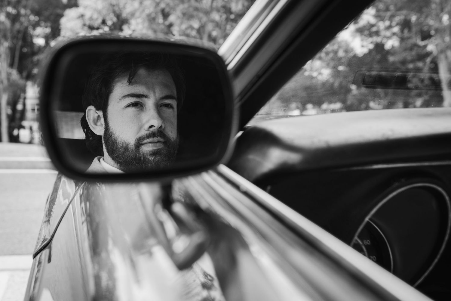 Intimate black and white portraits captured inside a vintage car.Gold Coast hinterland wedding photographer