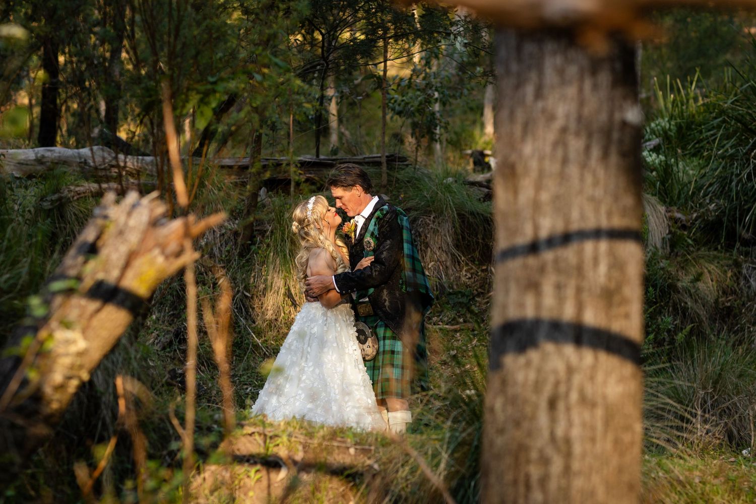 Wedding couple framed by tree trunks in golden afternoon light.Gold Coast wedding photographer