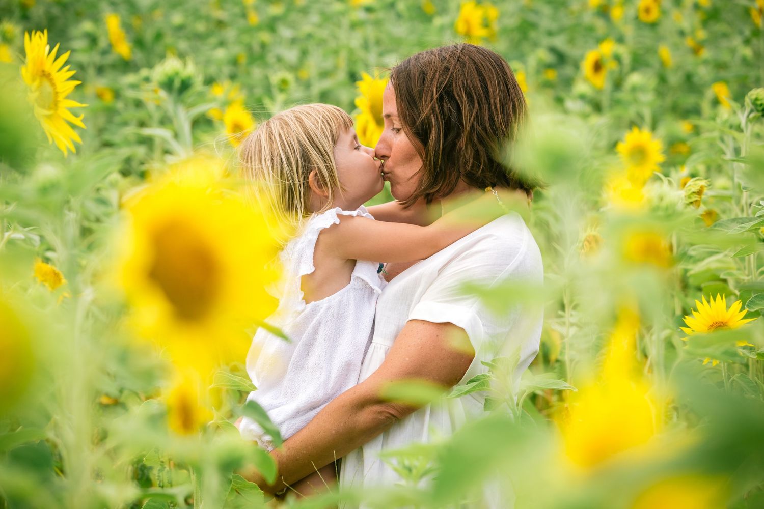 Tender embrace among bright yellow sunflowers in summer field.