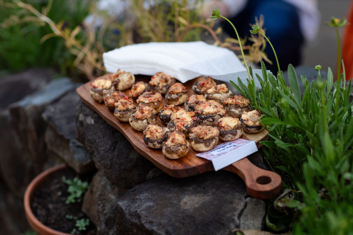 Grilled appetizers served on wooden boards with fresh herbs and garnishes.