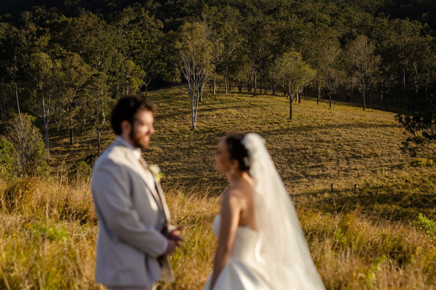 Wedding couple walking through tall grass in late afternoon sunlight.The barrow restaurant mount Nathan wedding