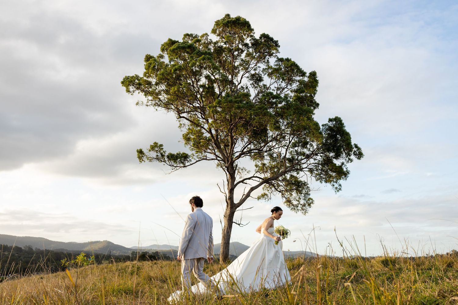 A wedding couple walks through a grassy field with tall trees and mountains in the distance.The barrow restaurant mount Nathan wedding