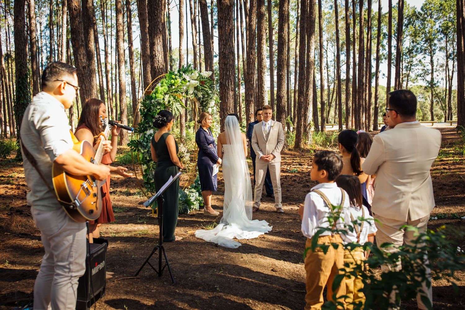 A guitarist performs during an intimate forest wedding ceremony surrounded by pine trees.