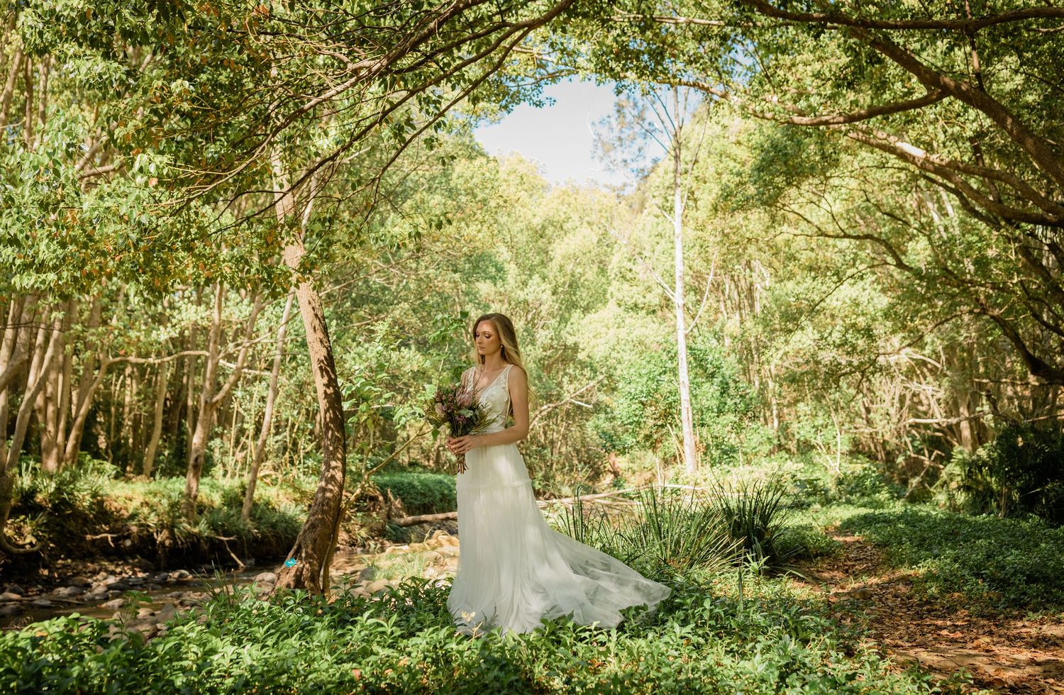 A panoramic view of a forest wedding setting with natural light filtering through trees.