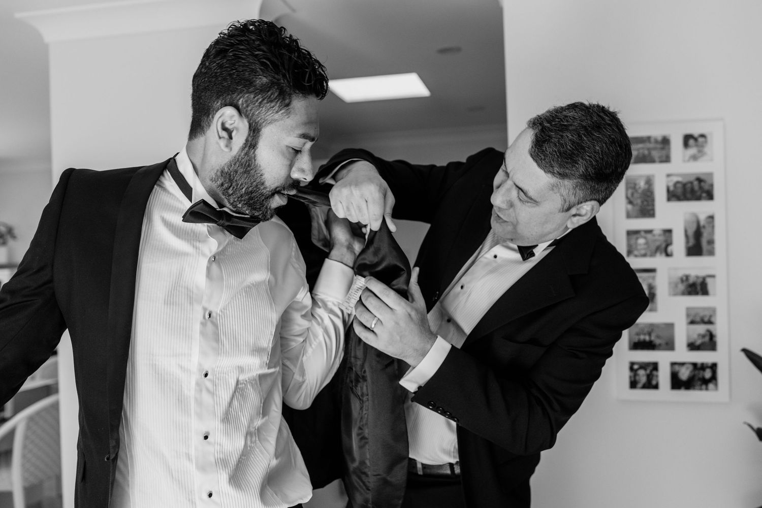 Black and white photos showing joyful interactions between two people during wedding preparations. Surfers Paradise Golf Club wedding.