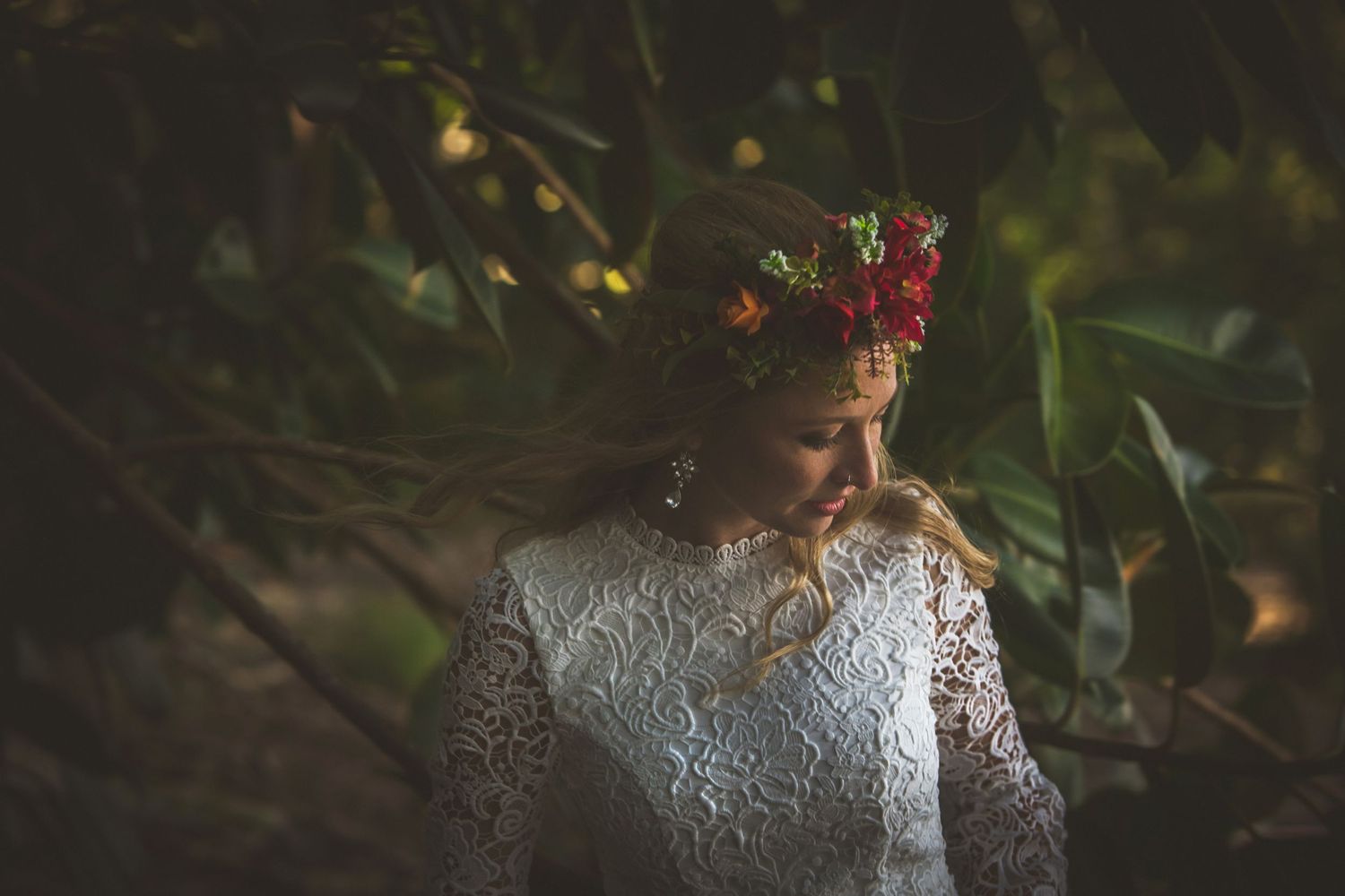 Close-up wedding portrait highlighting intricate lace details and floral crown accessories.DIY wedding Gold Coast elopement photographer Gol