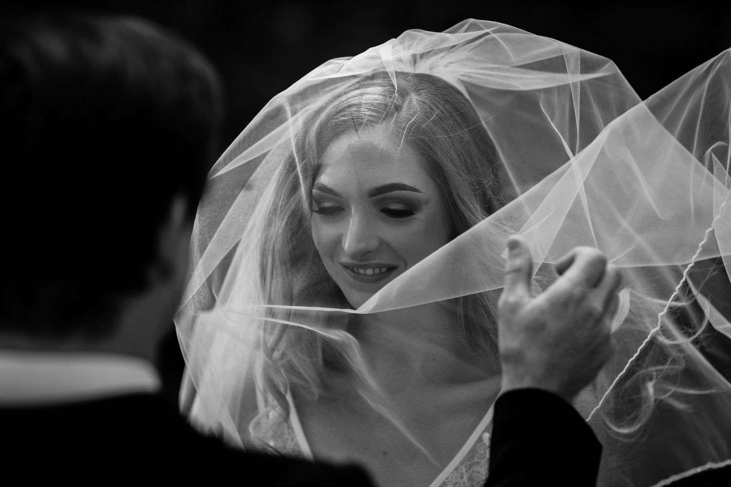Artistic black and white shot of a flowing bridal veil catching the natural light.Currumbin Valley wedding photography Gold Coast