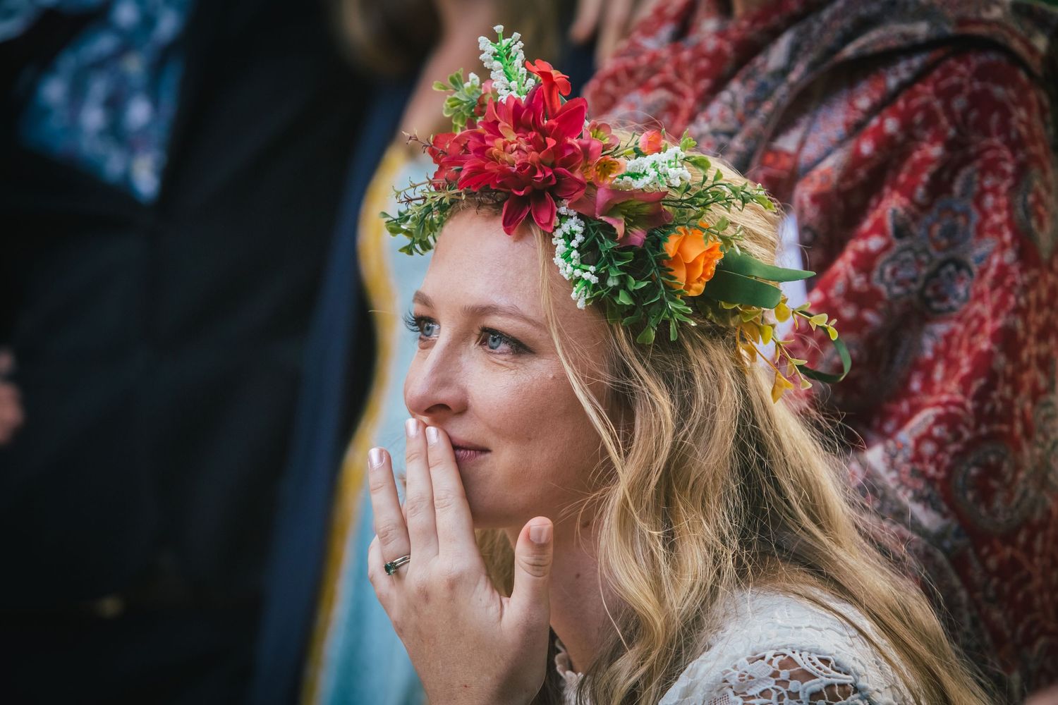 Guest wearing a floral crown and vintage attire at an outdoor garden party. DIY wedding Gold Coast elopement photographer Gold Coast