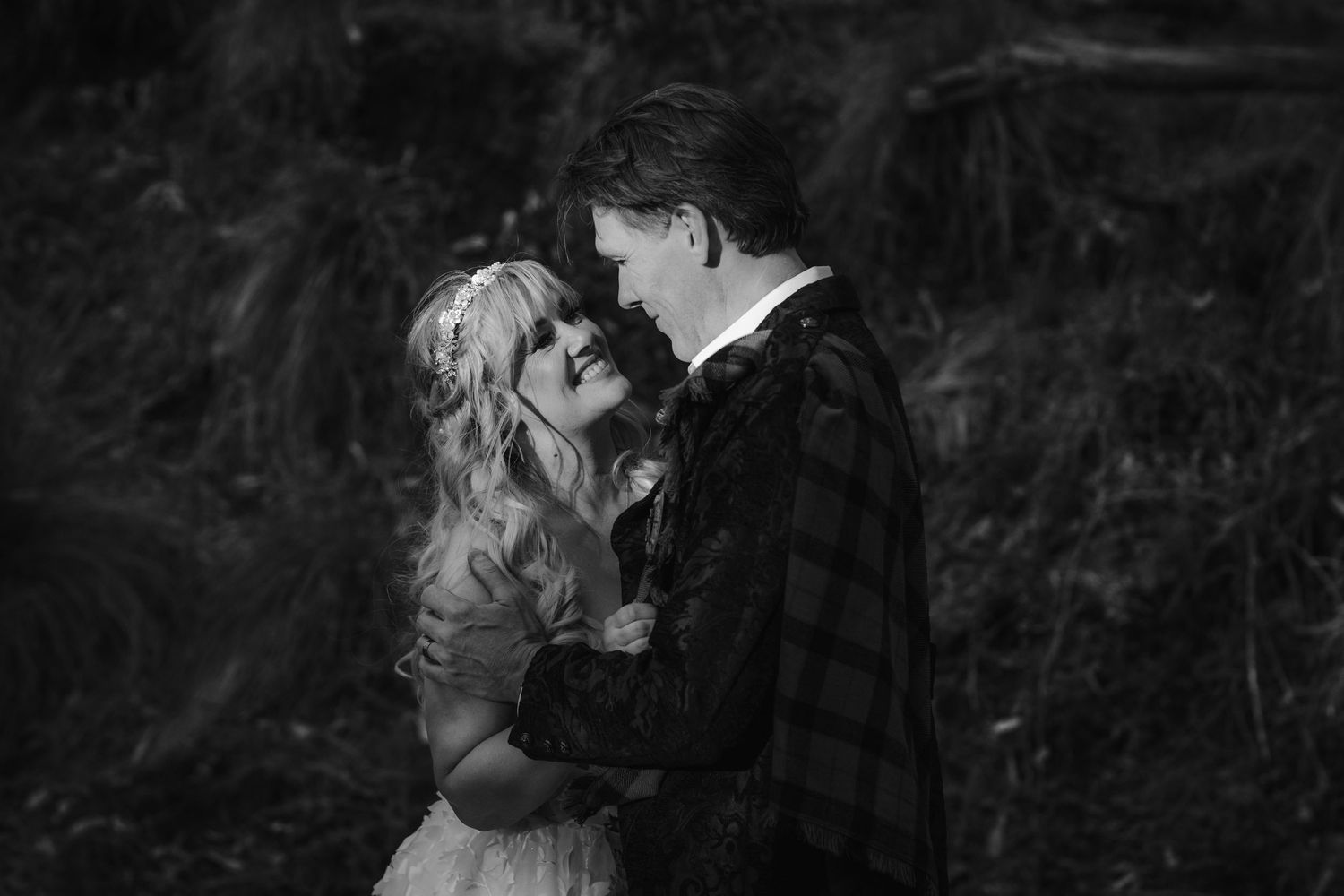 Black and white intimate portrait of couple during outdoor wedding.Gold Coast wedding photographer