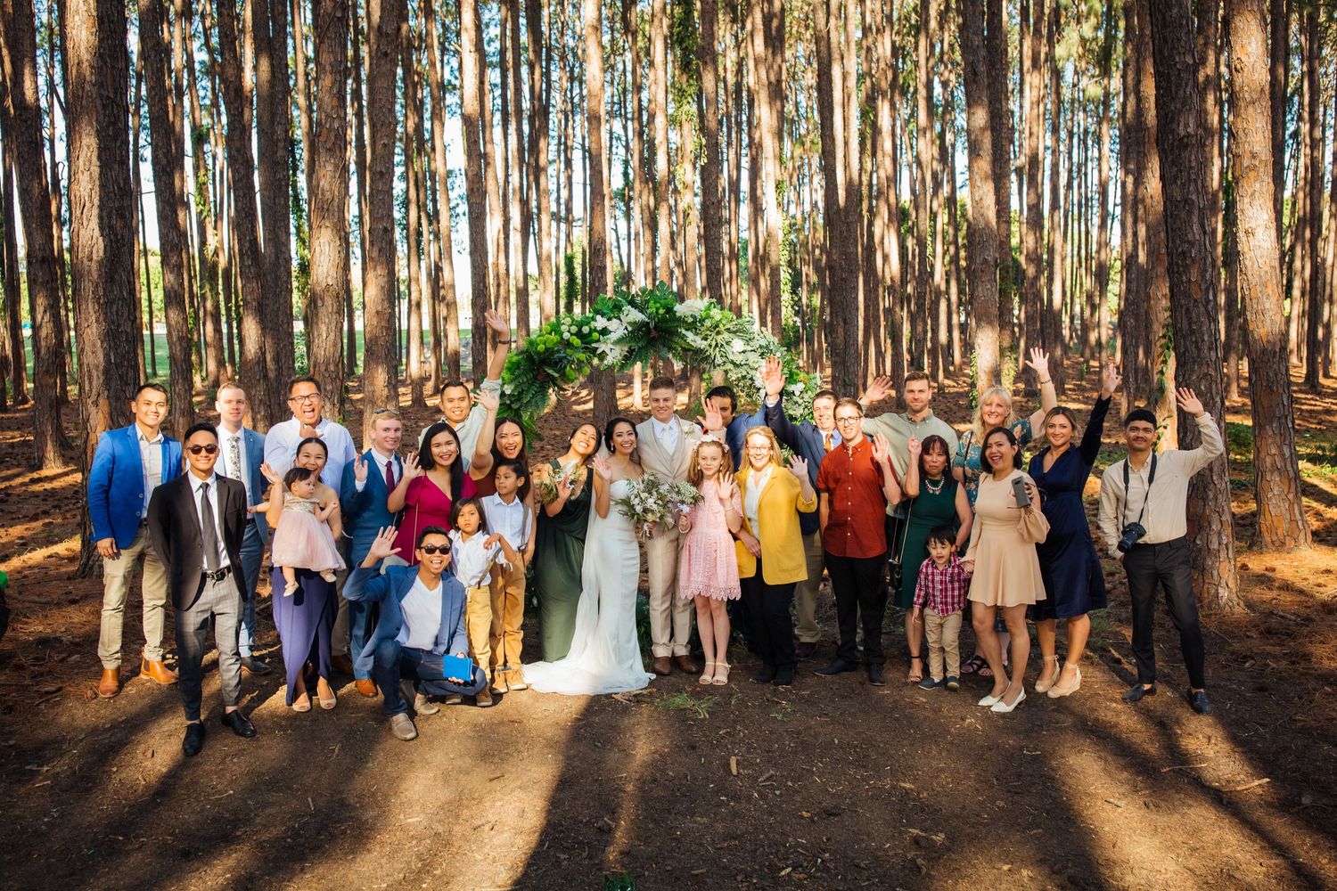 Large wedding group photo with guests gathered in a pine forest.pizzey park wedding Gold Coast