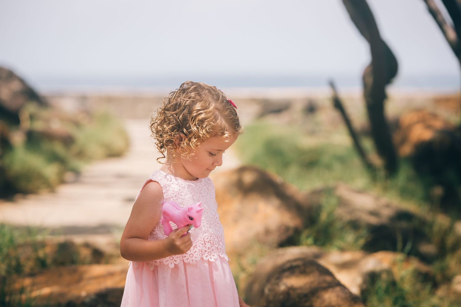 A small child in a pink dress holds flowers while standing on a dirt path in nature.