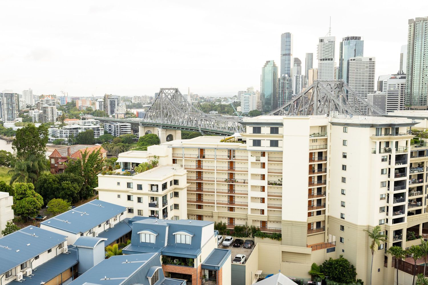 Panoramic view of Brisbane city skyline from a rooftop wedding venue.