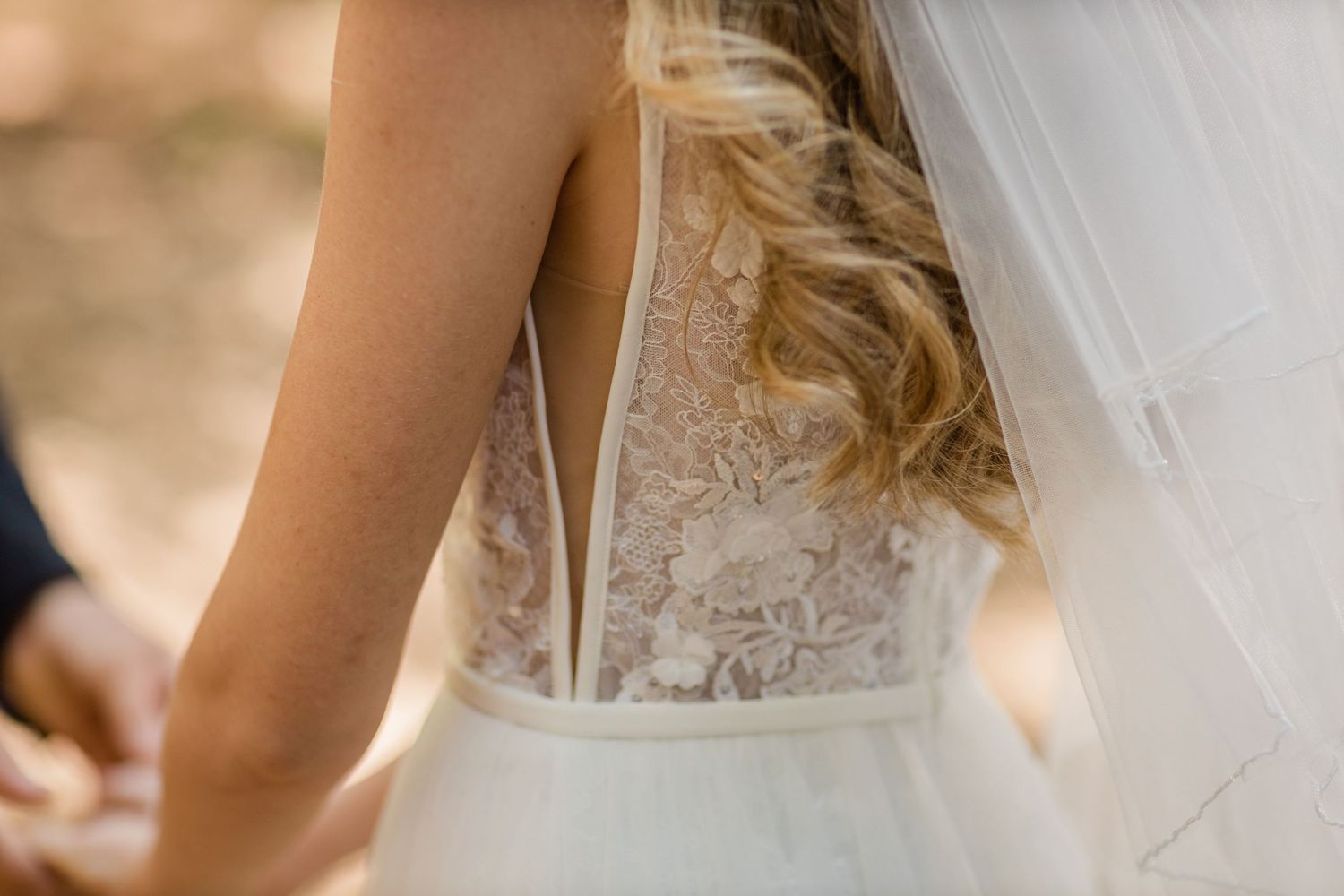 Detail shot of a bride's lace wedding dress bodice and veil.Currumbin Valley wedding photography Gold Coast