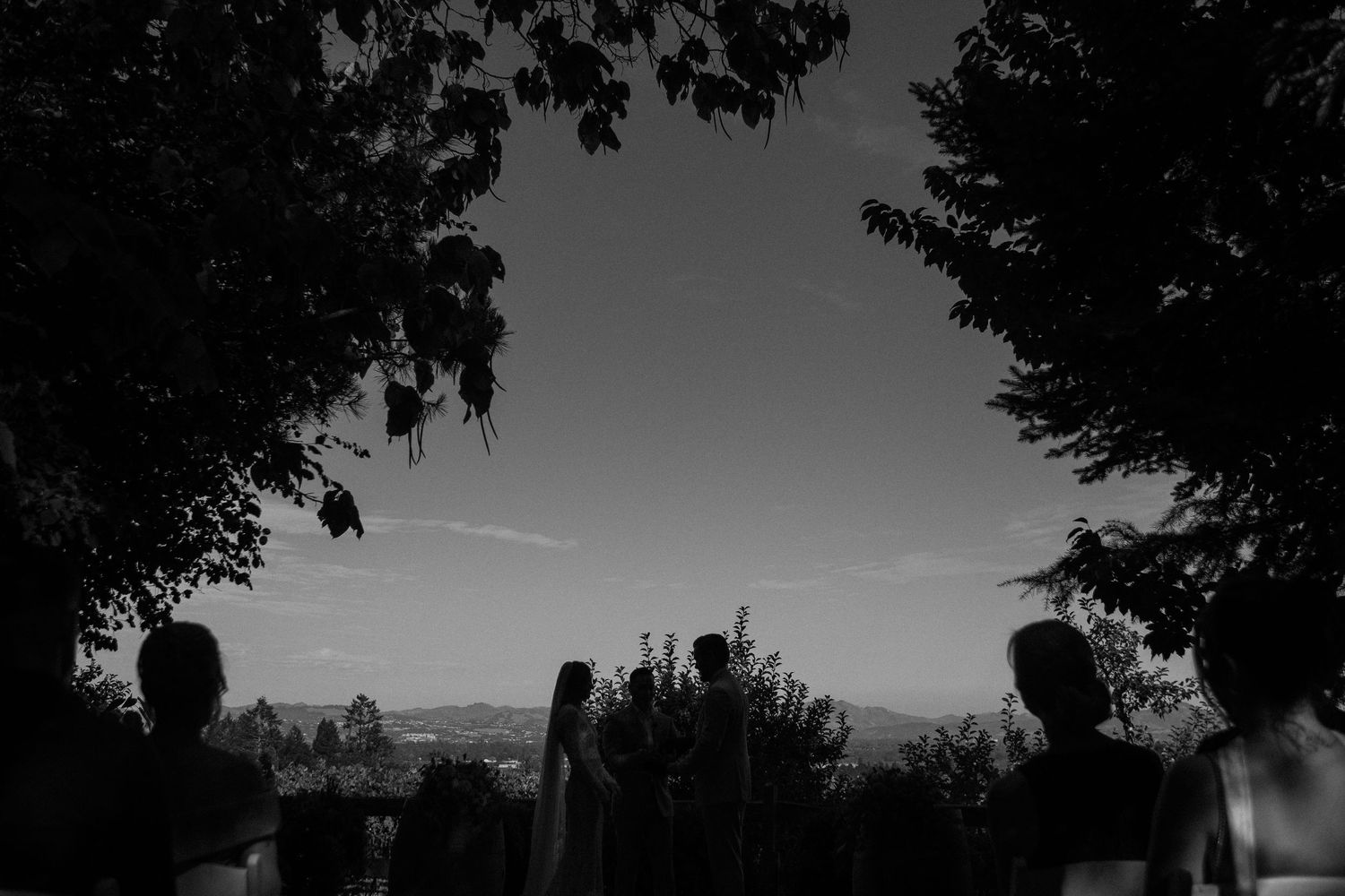 Black and white wedding ceremony outdoors framed by trees with rolling hills in the background.