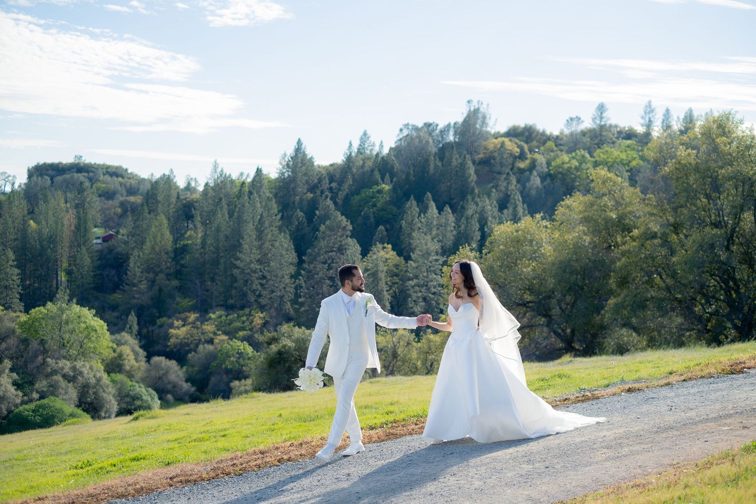 Bride and groom hold hands walking on a gravel path with lush green hills and pine trees backdrop.