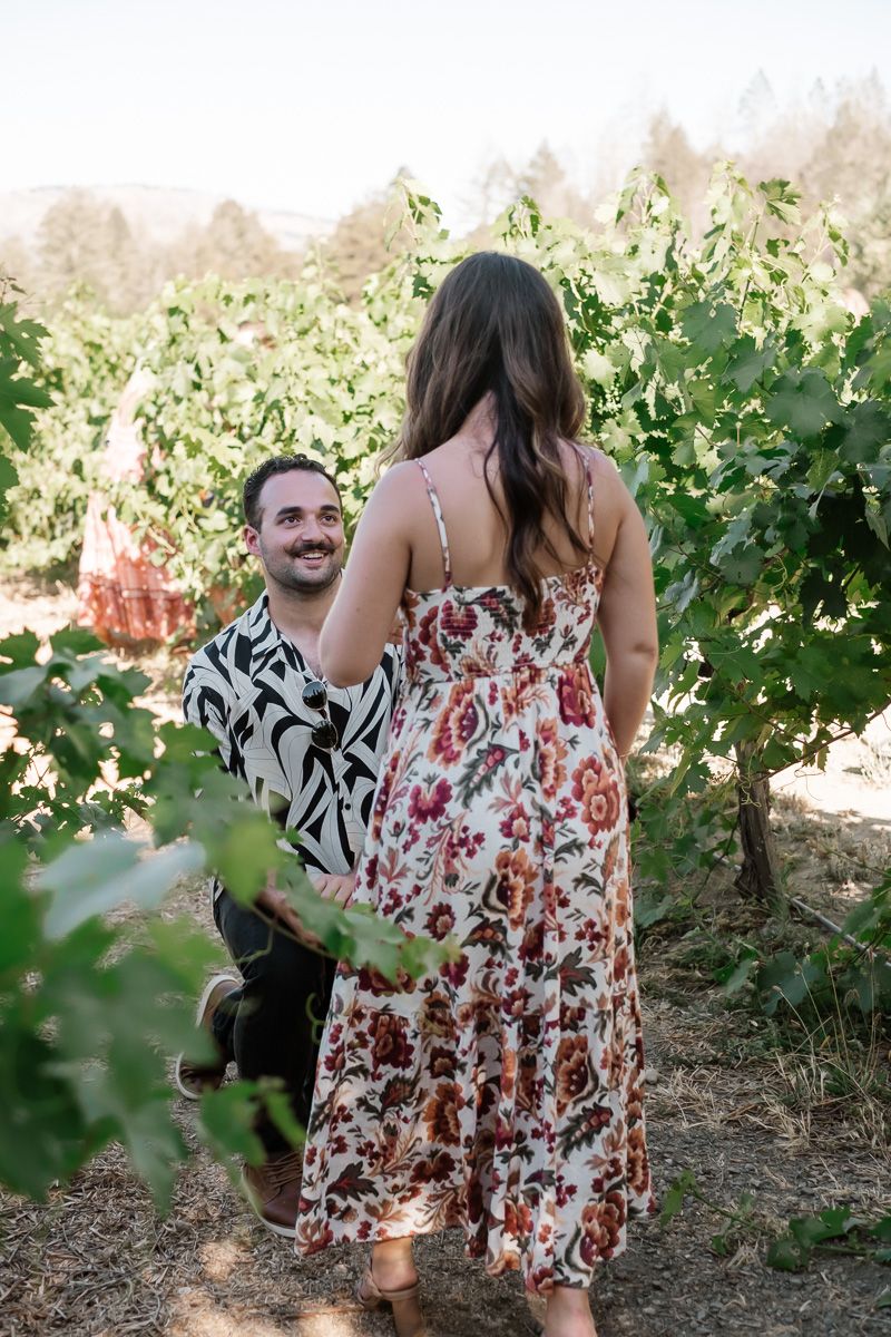 Man kneeling to propose to woman in floral dress among green vineyard rows.