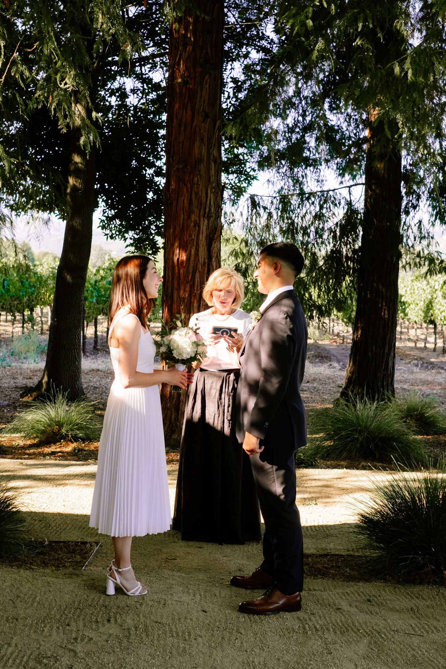 Outdoor wedding ceremony with bride and groom exchanging vows beneath tall redwood trees.