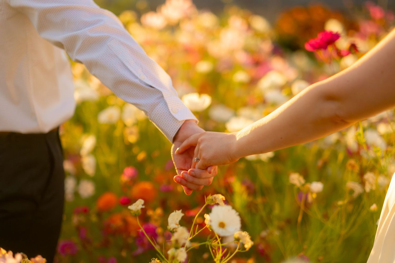 Close-up of a couple holding hands romantically in a vibrant field of colorful wildflowers at golden hour.