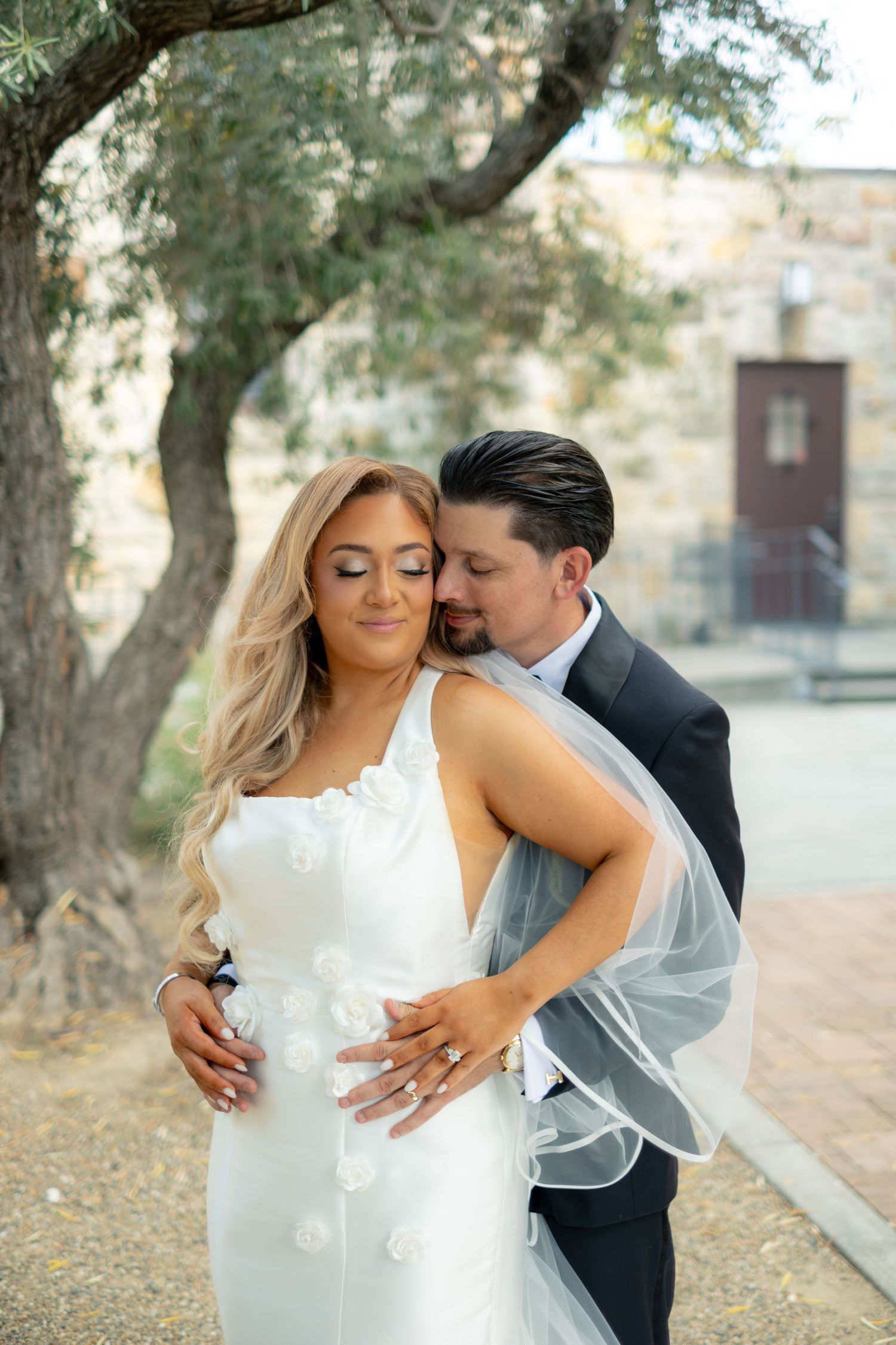 Bride and groom embracing under olive tree in outdoor wedding portrait.
