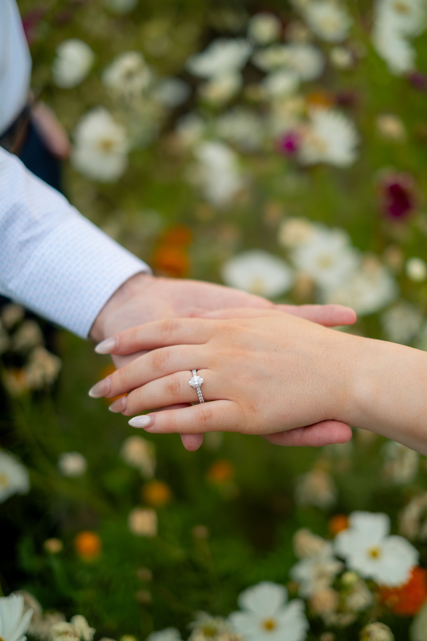 Close-up of couple holding hands with diamond engagement ring on woman's finger, surrounded by colorful garden flowers.