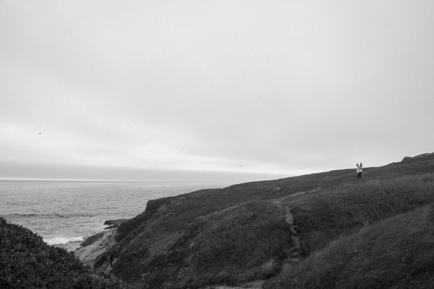 Black and white coastal landscape with two people standing on a grassy cliff overlooking the ocean on an overcast day.