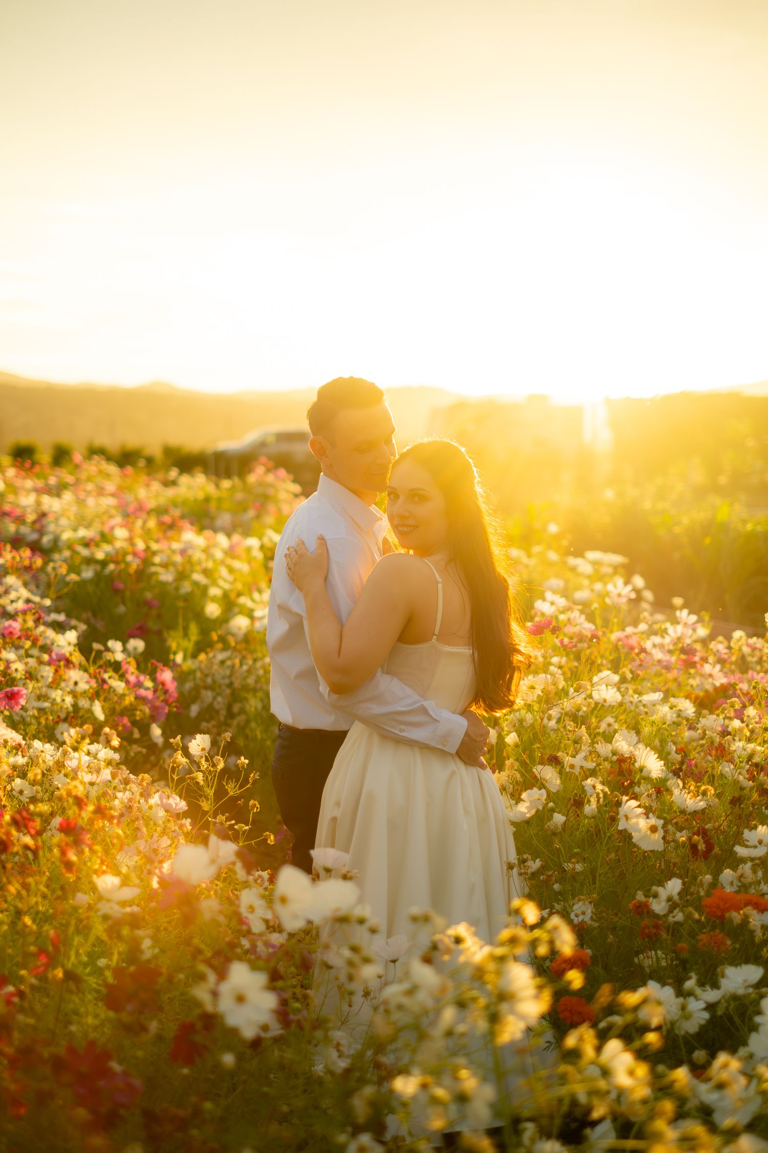 Couple embracing in a colorful flower field during golden sunset.