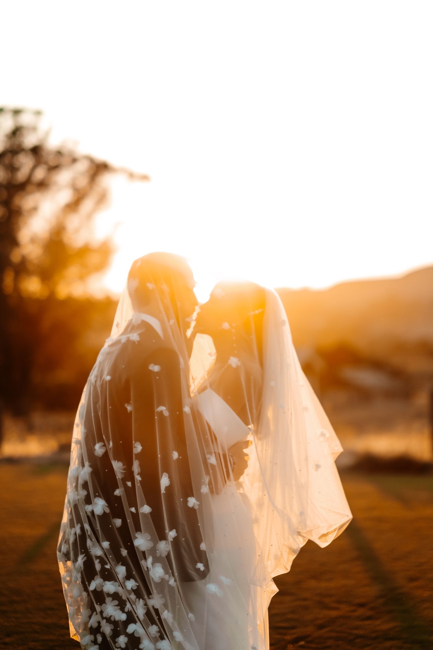Bride and groom sharing intimate moment under floral veil at golden sunset during outdoor wedding.