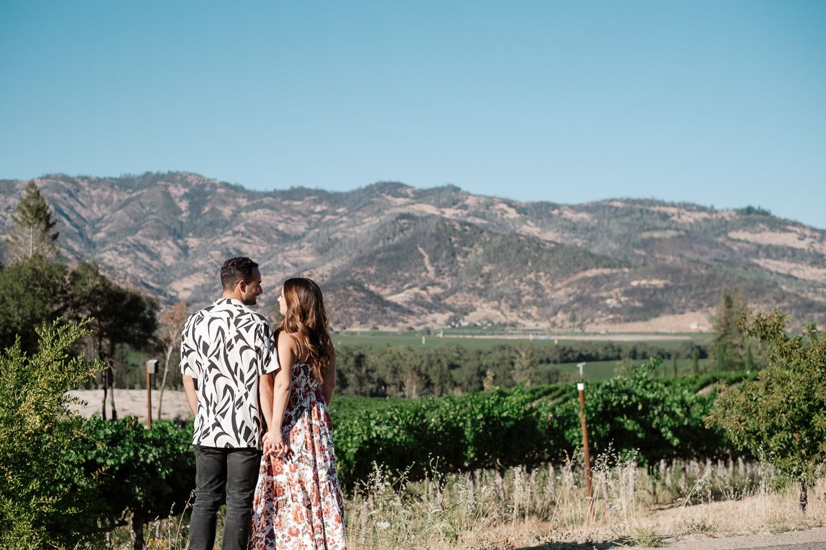 Couple holding hands overlooking scenic vineyard with rolling mountains under clear blue sky.