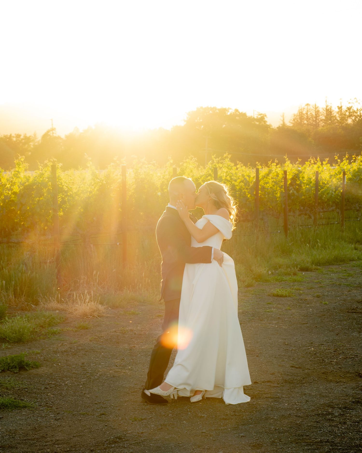 Bride and groom sharing a romantic sunset kiss in front of a lush vineyard with golden light.