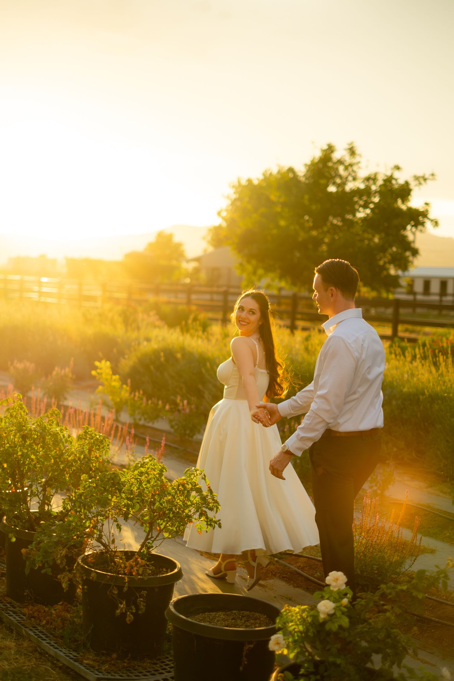 Bride and groom holding hands at golden hour sunset in a lush garden, bride in white tea-length dress smiling.