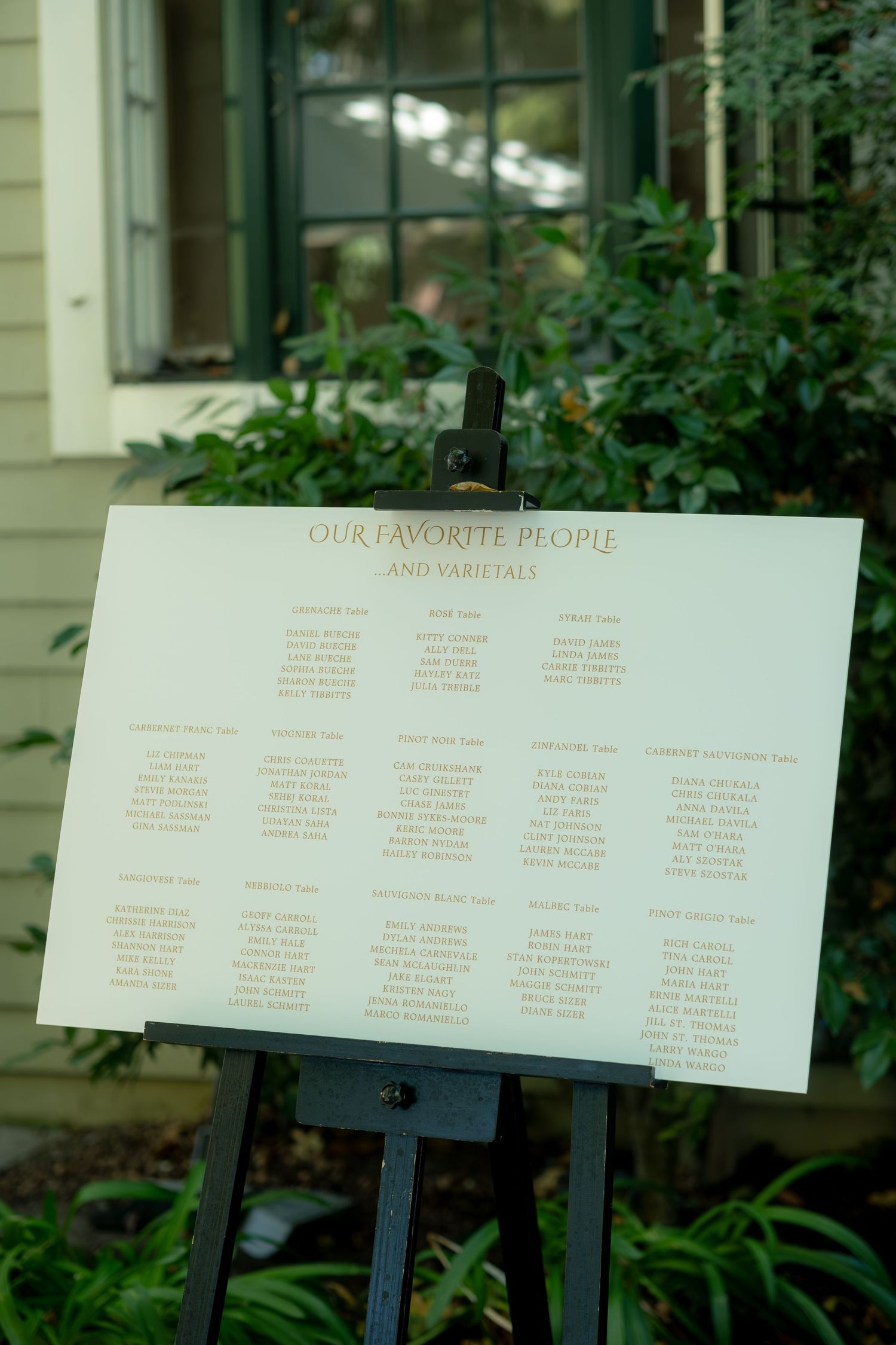 Elegant wedding seating chart on easel titled Our Favorite People and Varietals displayed outdoors at garden venue.