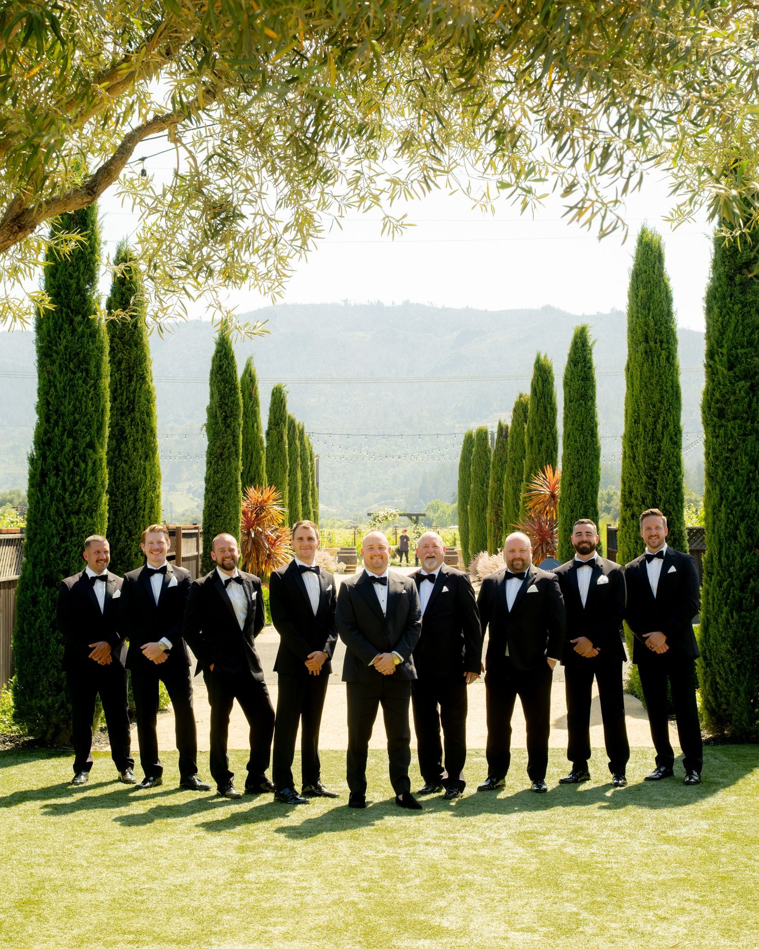 Groom and groomsmen in matching black tuxedos pose together along cypress tree lined vineyard path.