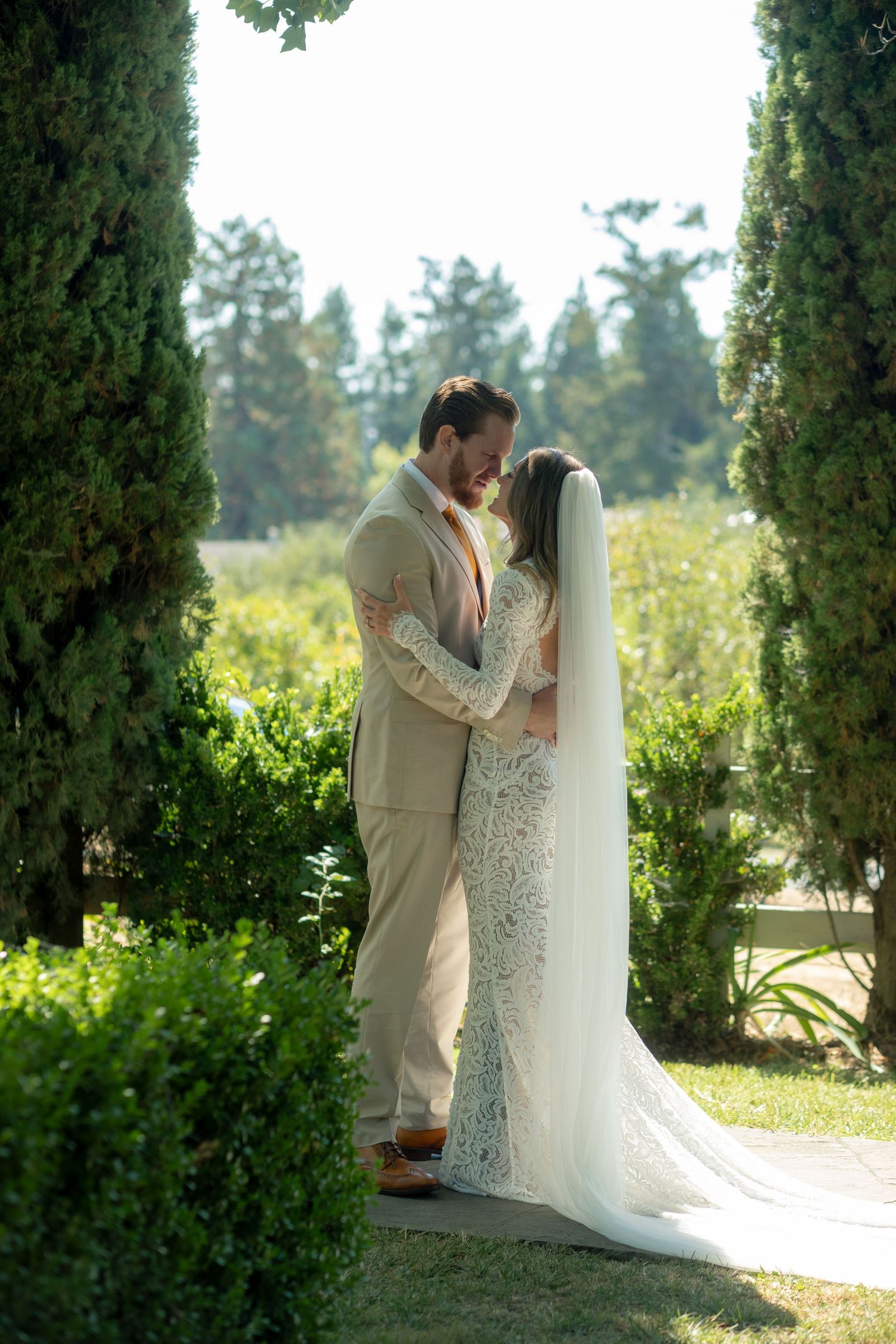 Bride and groom share a romantic embrace between cypress trees in a lush garden on their wedding day.