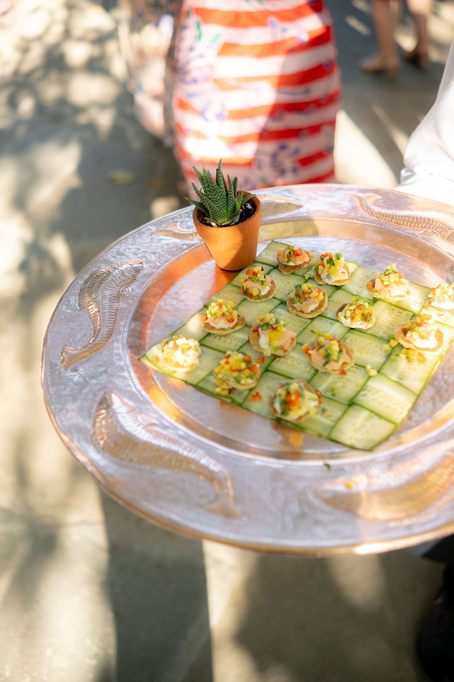 Elegant cucumber appetizers topped with corn salsa arranged on a silver tray with a small succulent at an outdoor wedding.