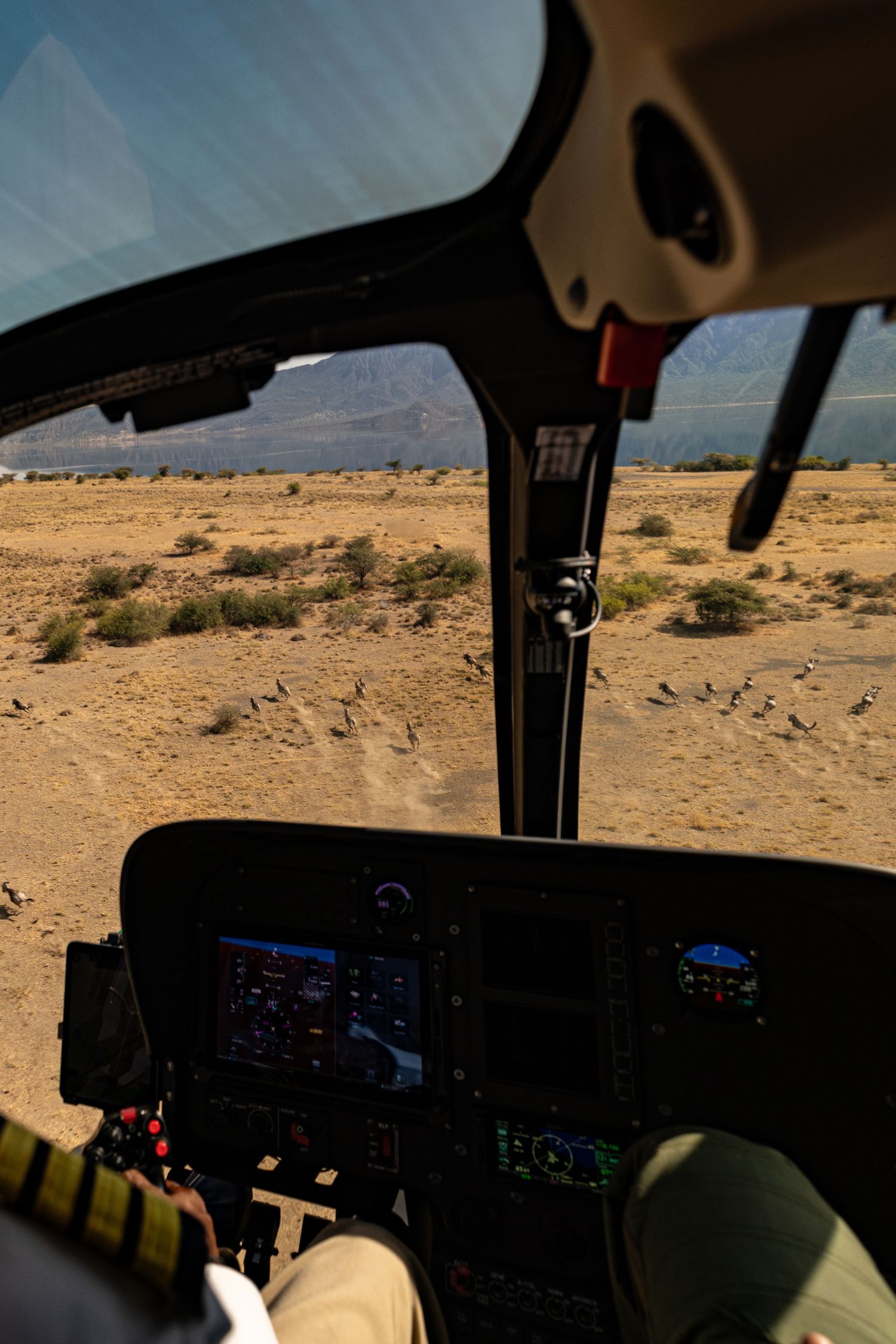 View from helicopter cockpit over arid desert landscape with instrument panel and controls visible in foreground.