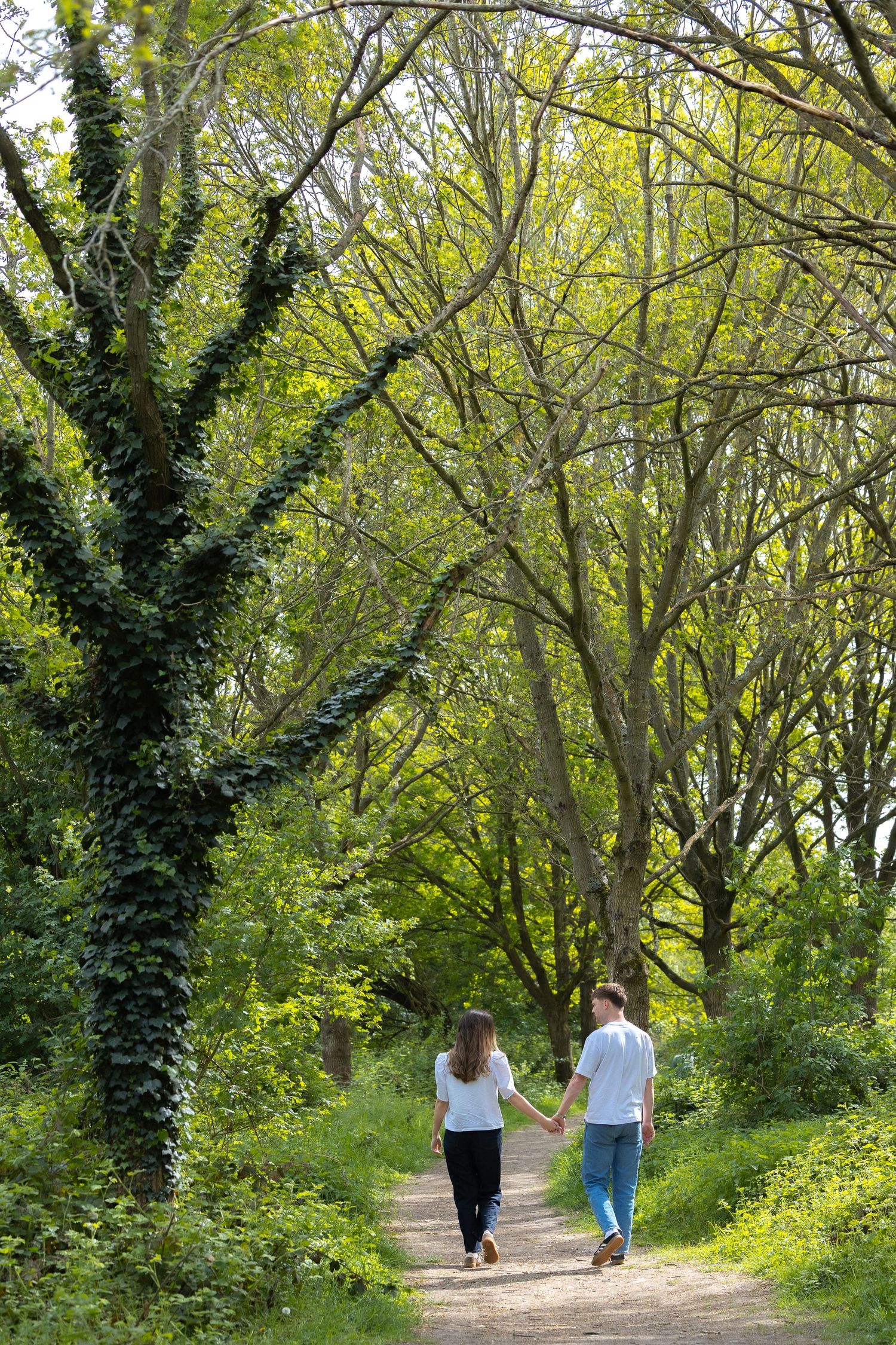 A couple holds hands while walking along a tree-lined path in a lush green forest.