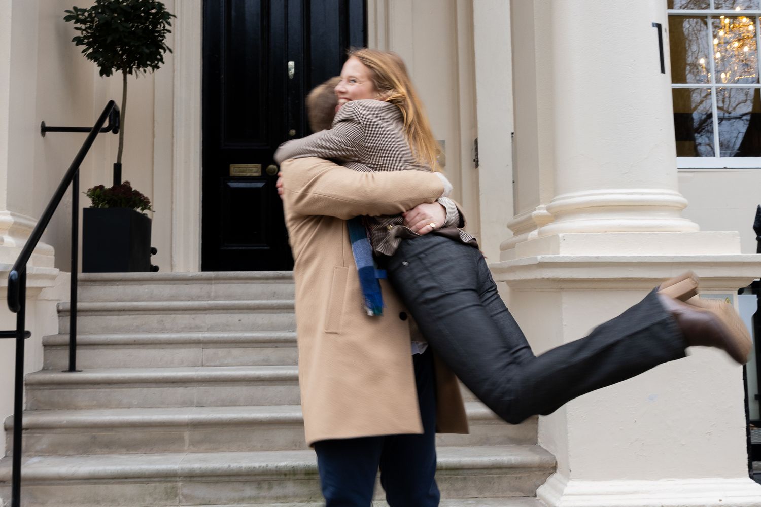 A series of photos showing two people dancing and embracing near white columns.