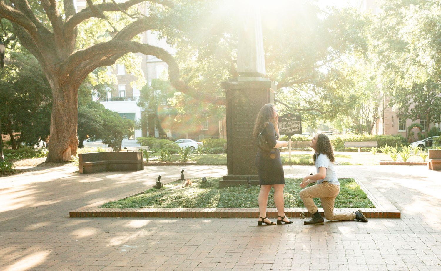 Person relaxing in a sunlit park with ducks near a monument on a peaceful morning.