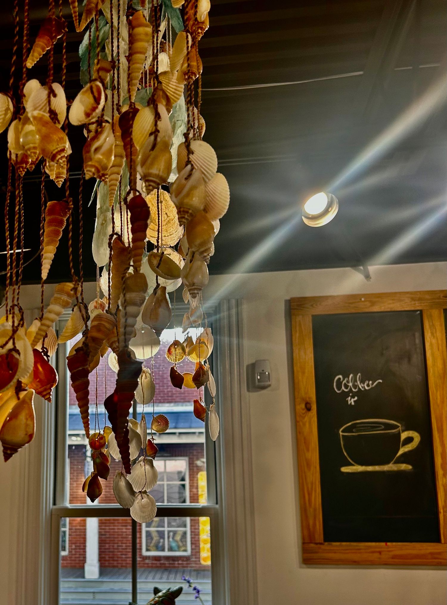 Colorful strings of dried chili peppers hang from wooden beams in a rustic restaurant interior with chalkboard menus.