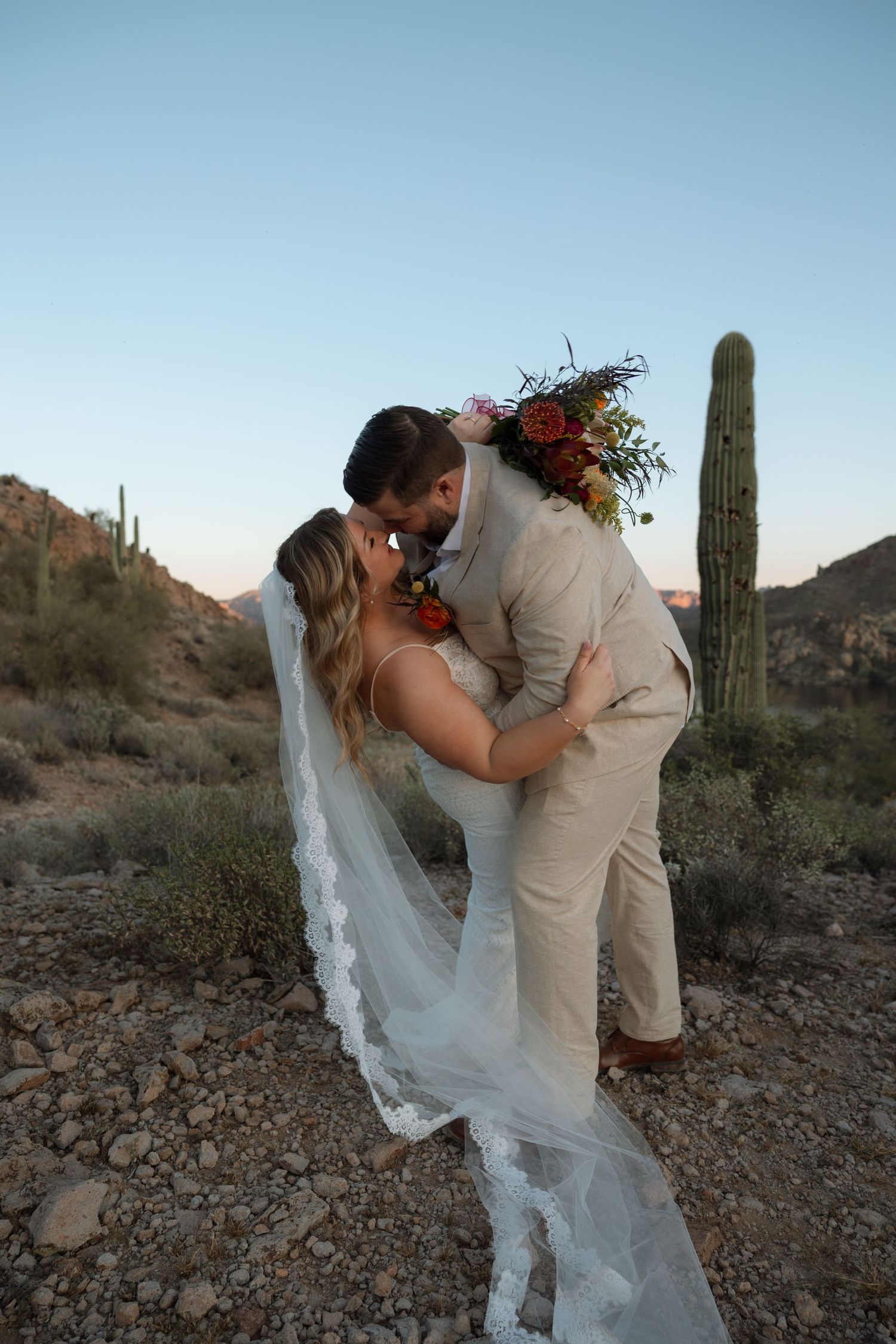Bride and groom share a romantic kiss in the Arizona desert at sunset, surrounded by saguaro cacti, bride wearing a flowing veil.