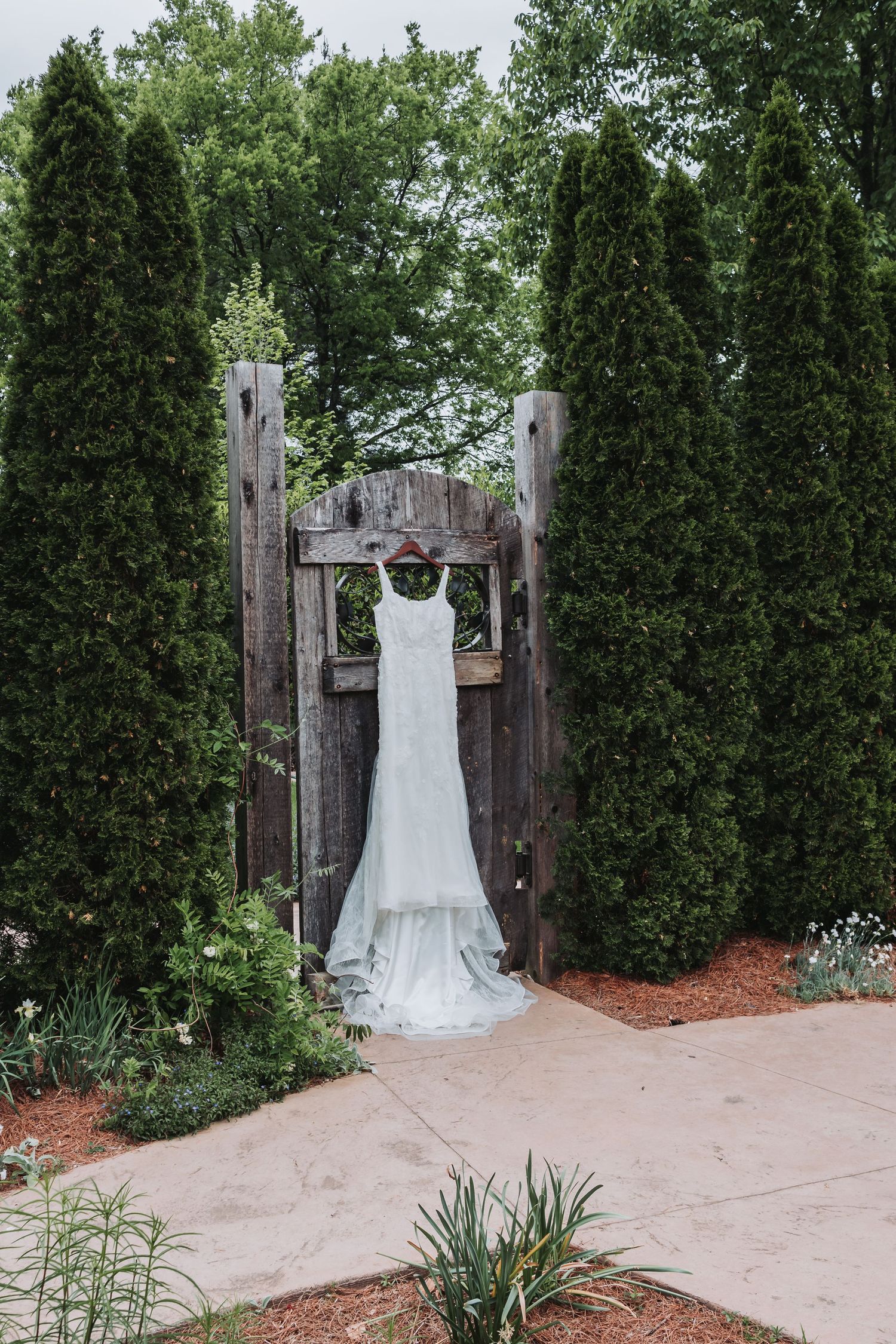 A white wedding dress hangs elegantly on a rustic wooden garden gate between tall evergreen trees and mulched landscaping.