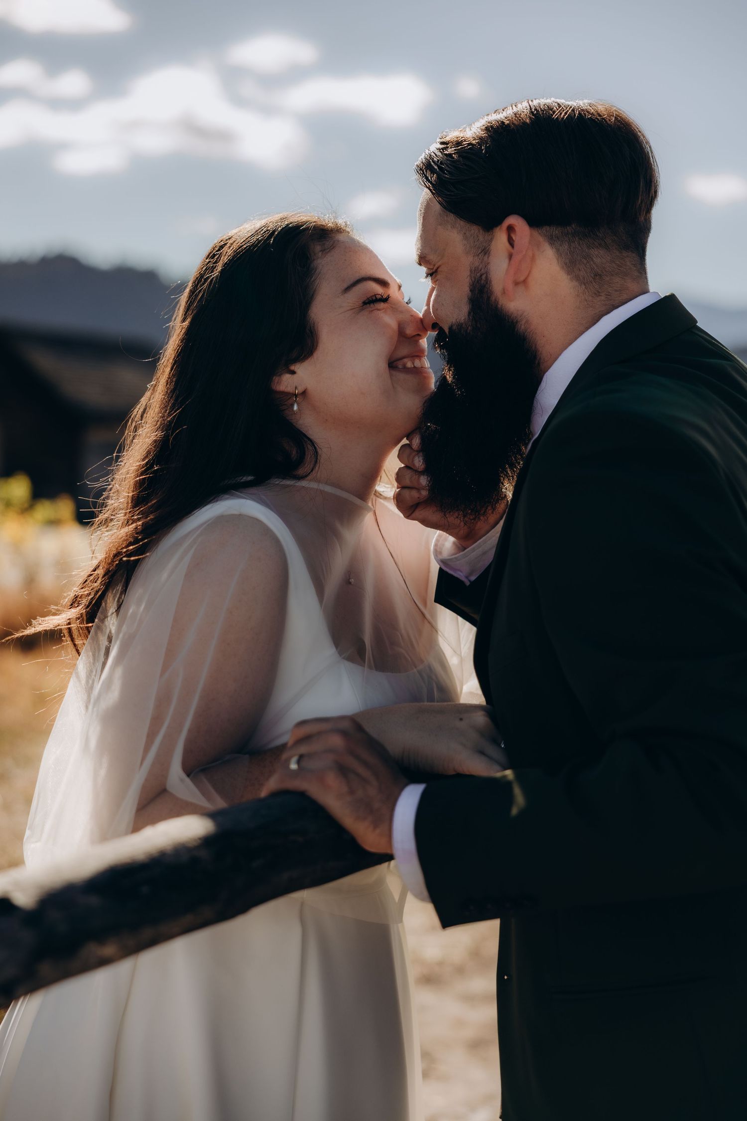 A romantic wedding photo sequence shows a couple sharing an intimate kiss outdoors in natural lighting.
