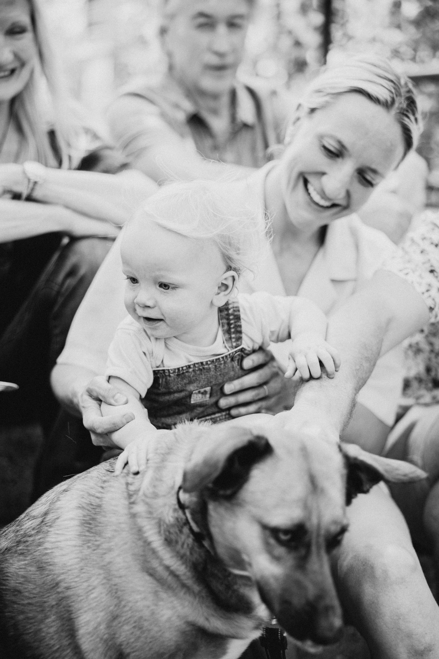 A candid black and white moment of a family gathering with a dog.