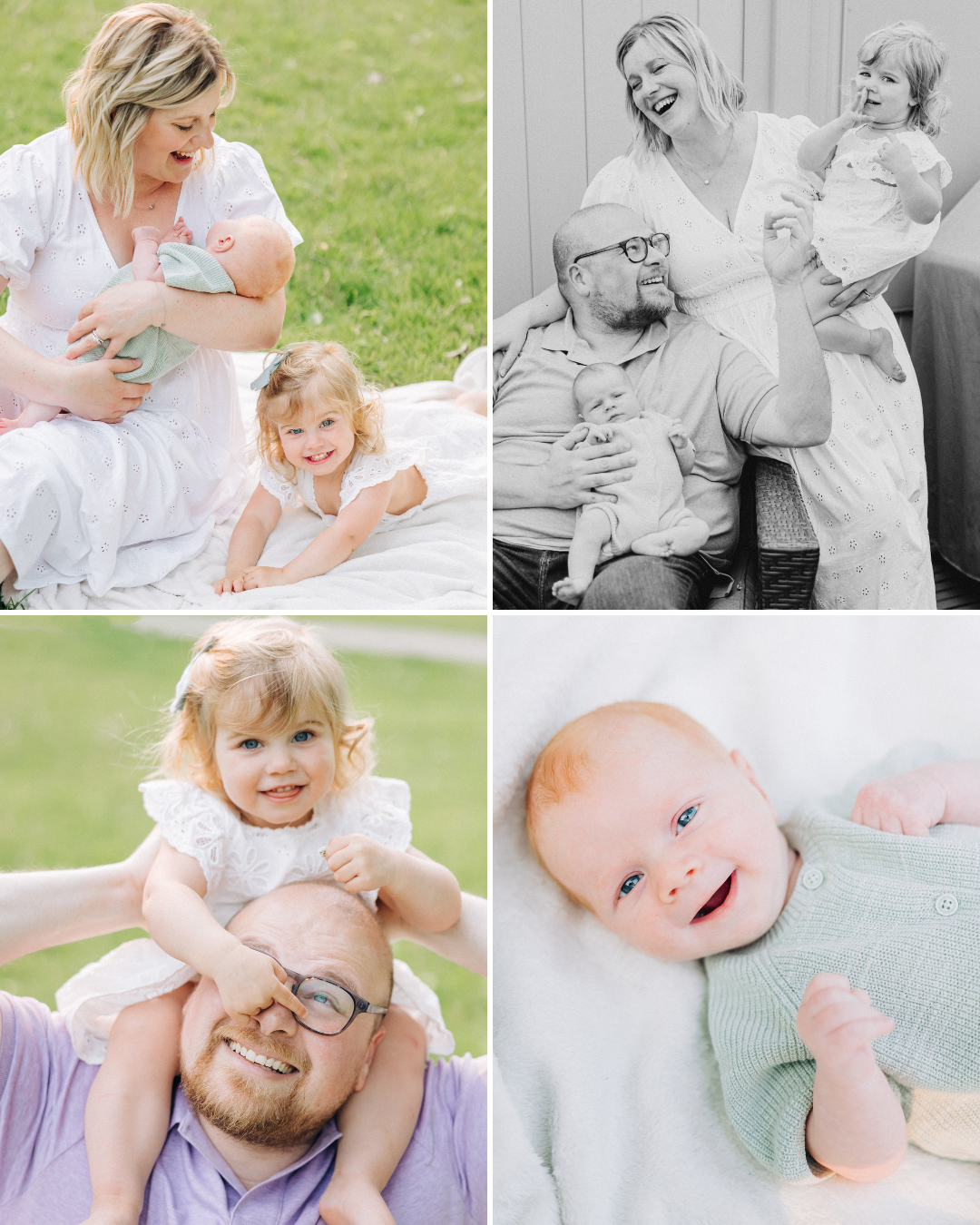 Sweet family photo collage featuring playful moments with a baby in an outdoor setting.