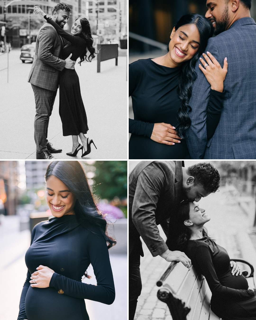 Collection of romantic couples embracing and sharing intimate moments in urban settings.