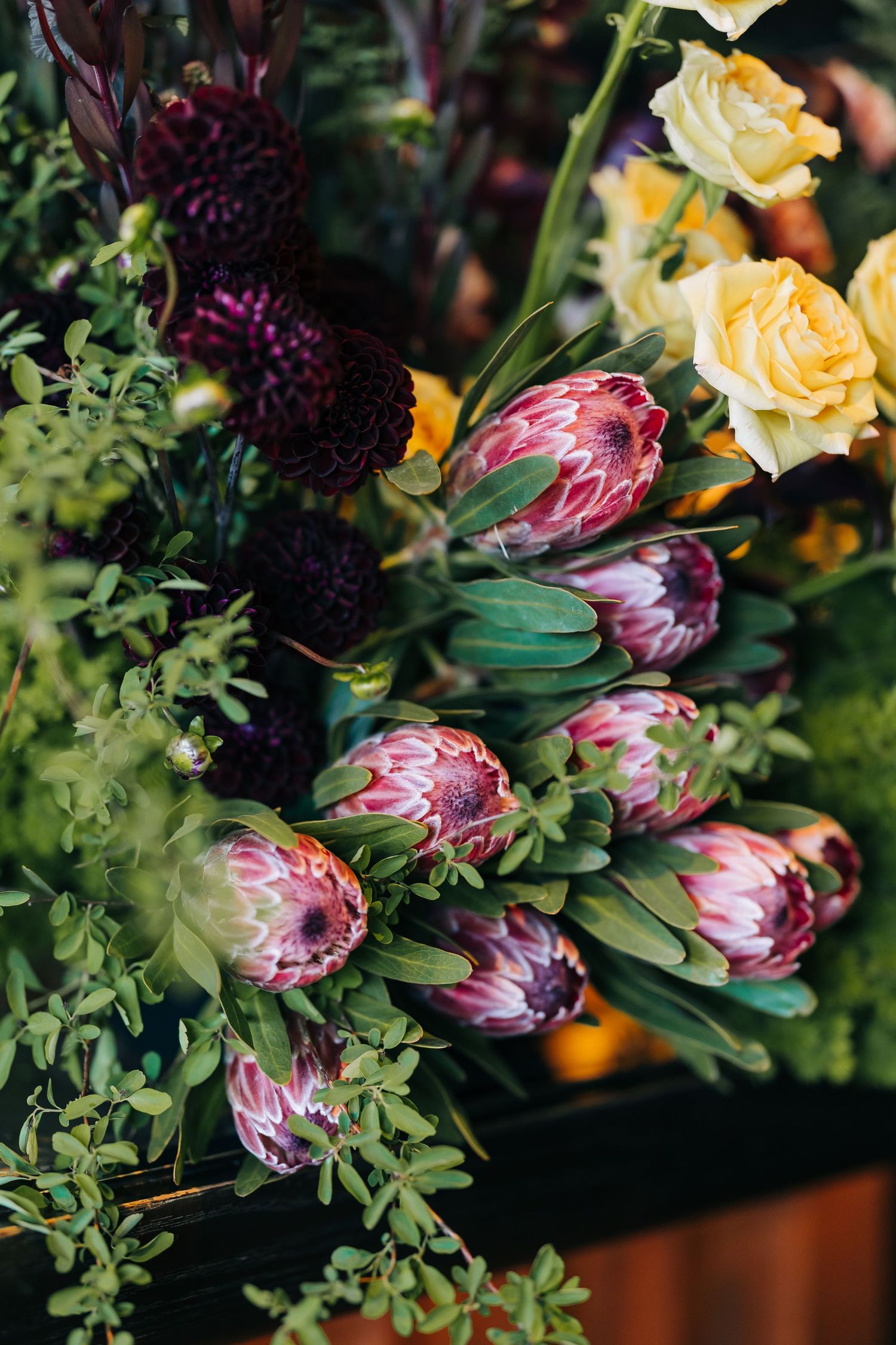 Close-up of pink protea flowers with yellow roses and dark purple blooms in a lush floral arrangement.