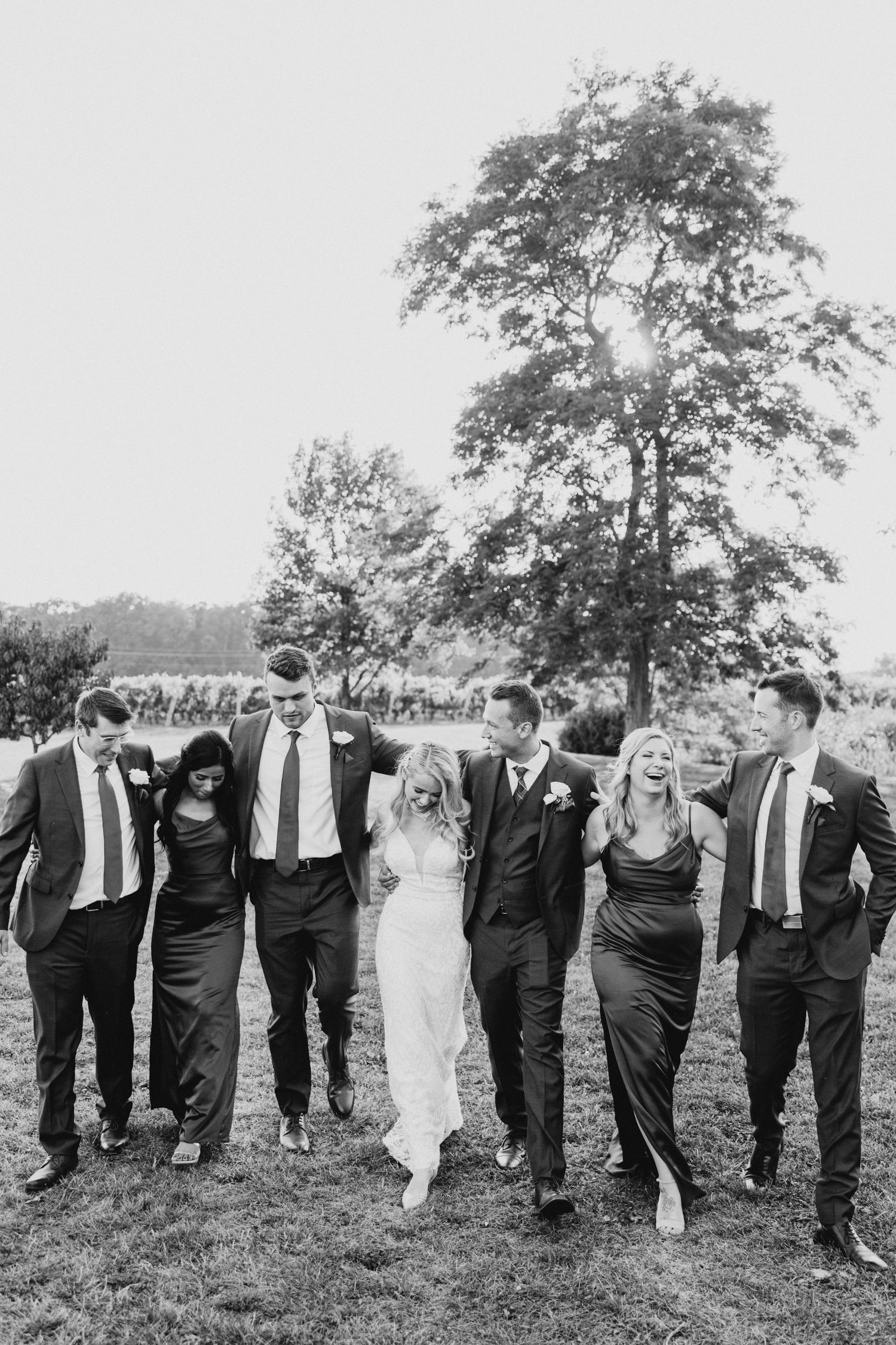 A wedding party walks arm in arm across a grassy field with a large tree in the background, captured in black and white.