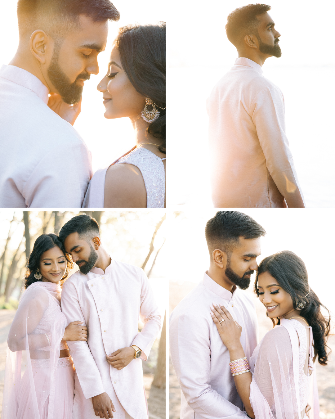 Romantic soft-lit couple portraits in white outfits captured during an intimate engagement photoshoot session.