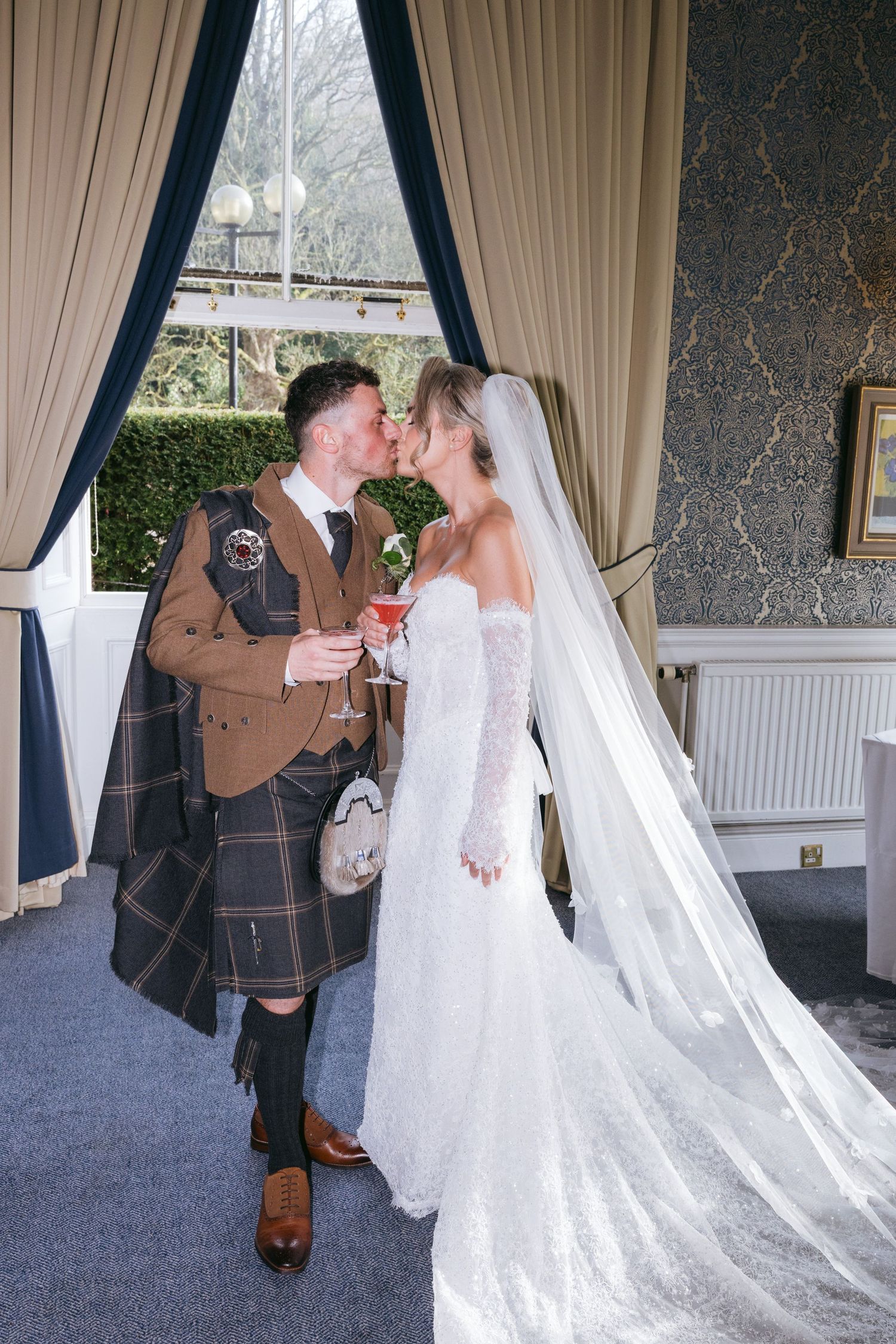 A wedding sequence shows a couple sharing romantic moments in formal attire with a flowing white veil and traditional Scottish kilt.